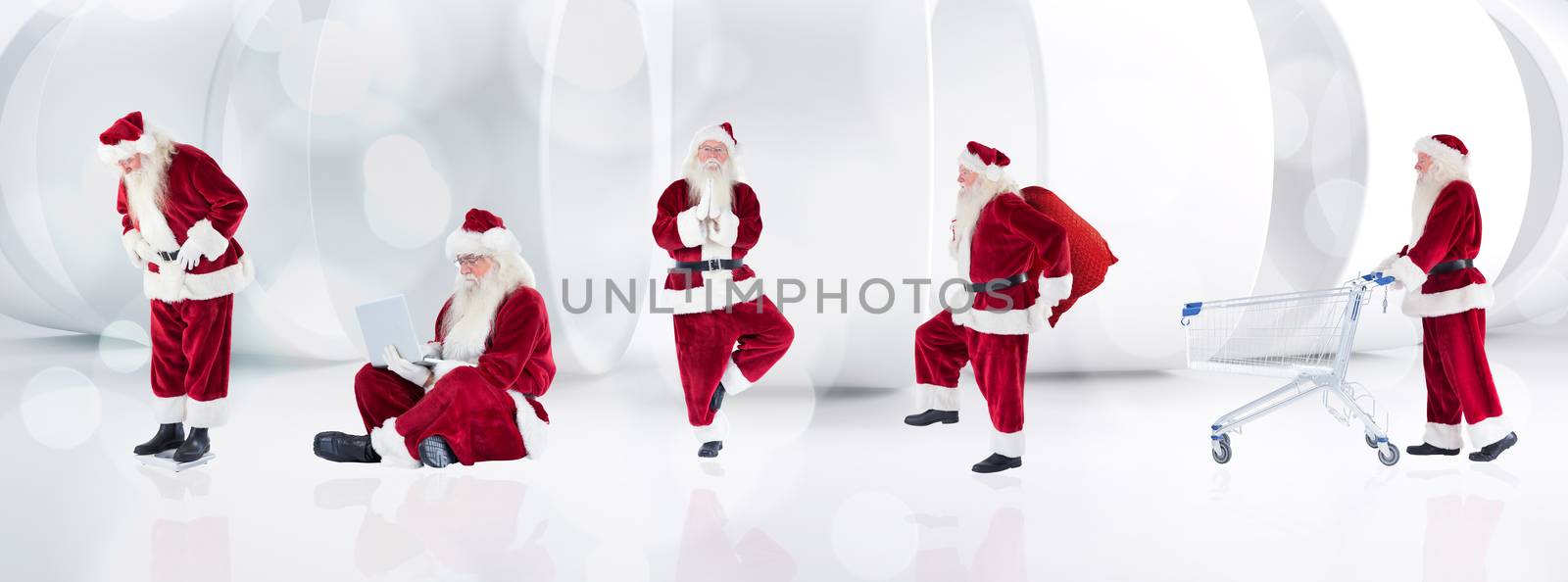 Composite image of different santas against lights twinkling in modern room