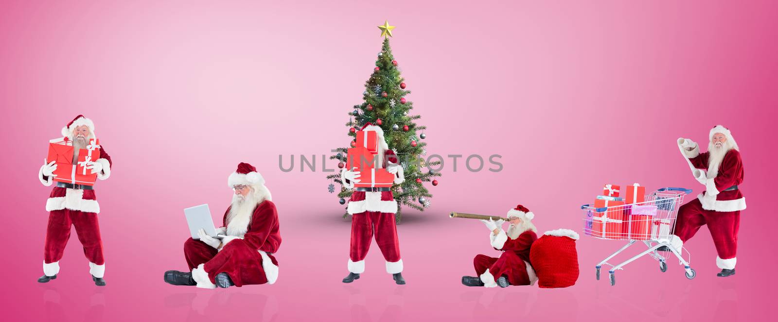 Composite image of different santas against pink vignette