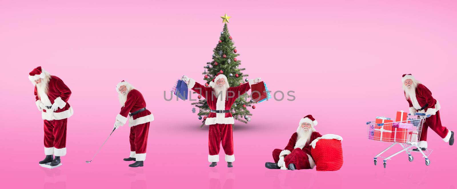 Composite image of different santas against pink vignette