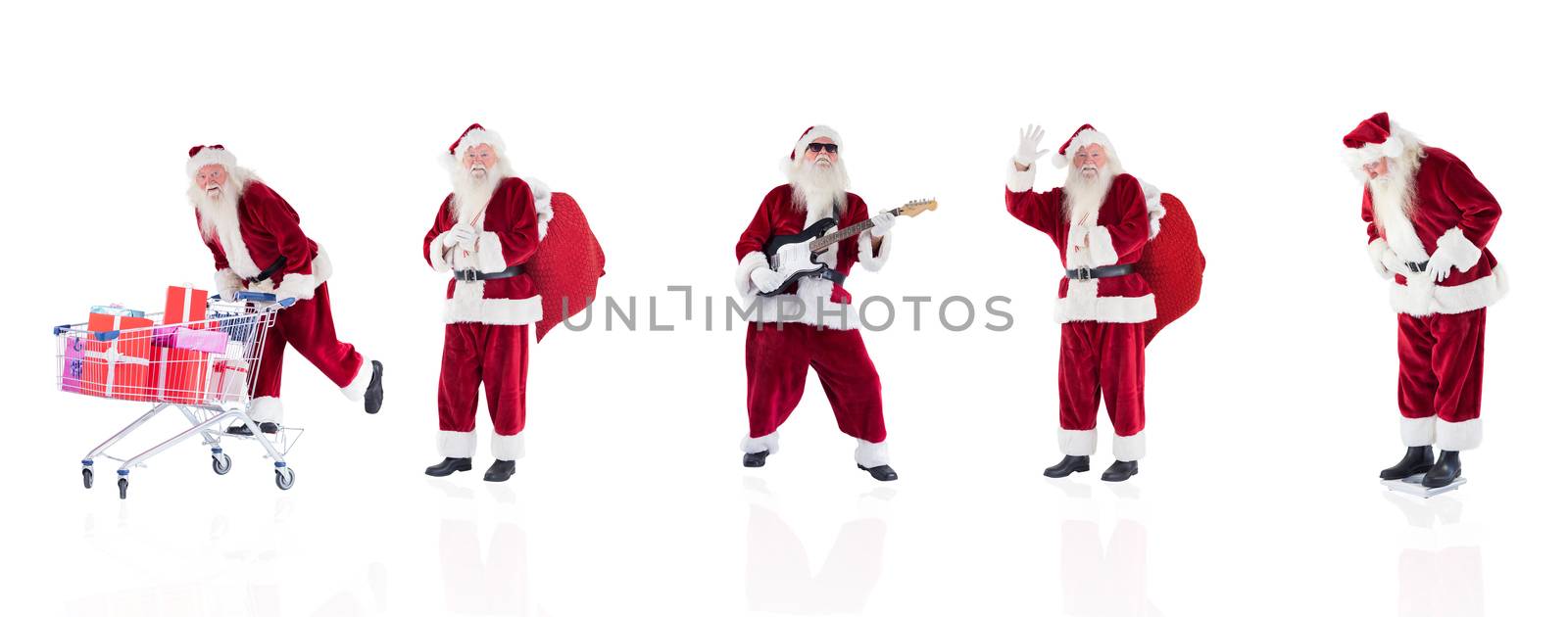 Composite image of different santas on white background