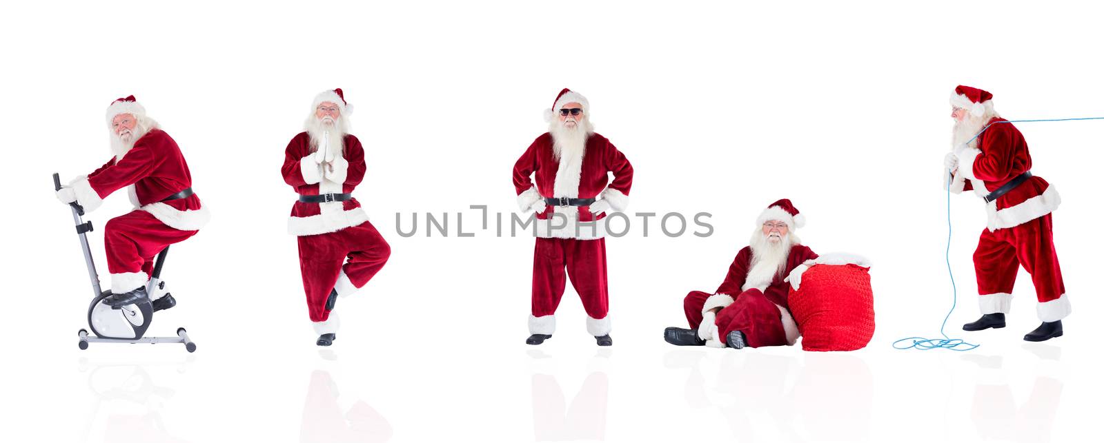 Composite image of different santas on white background