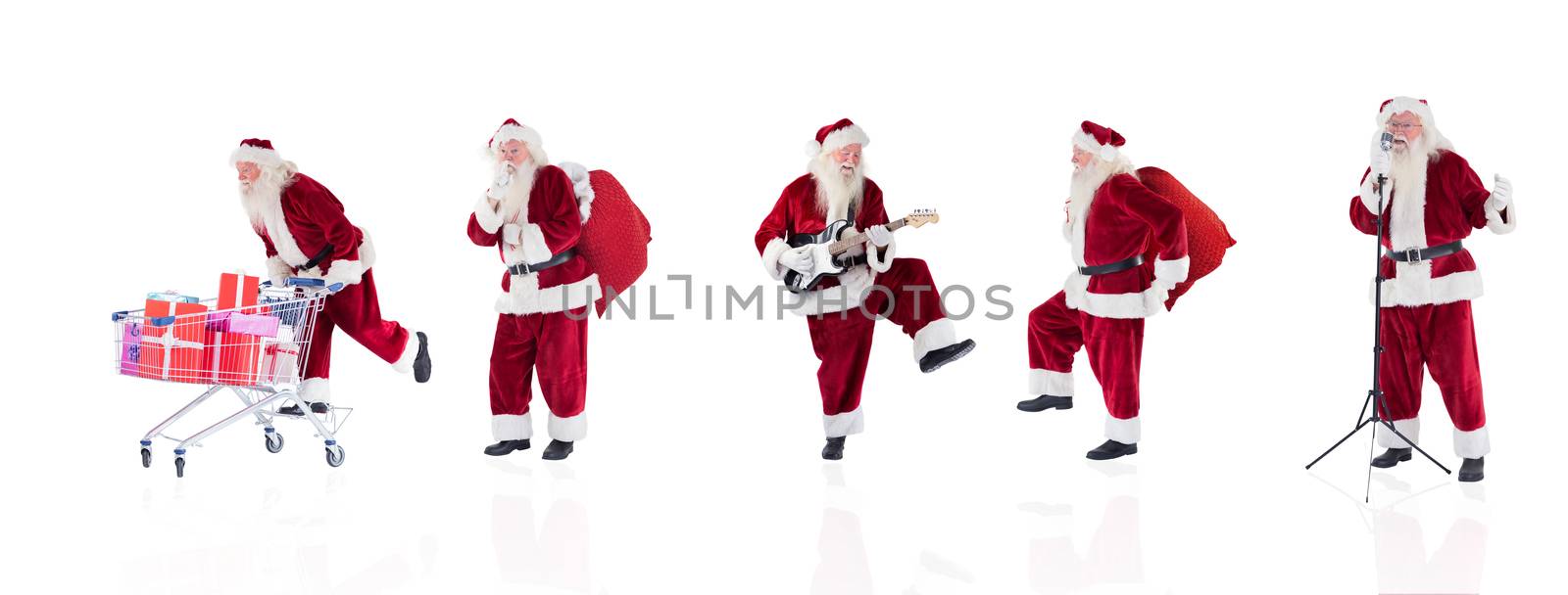 Composite image of different santas on white background