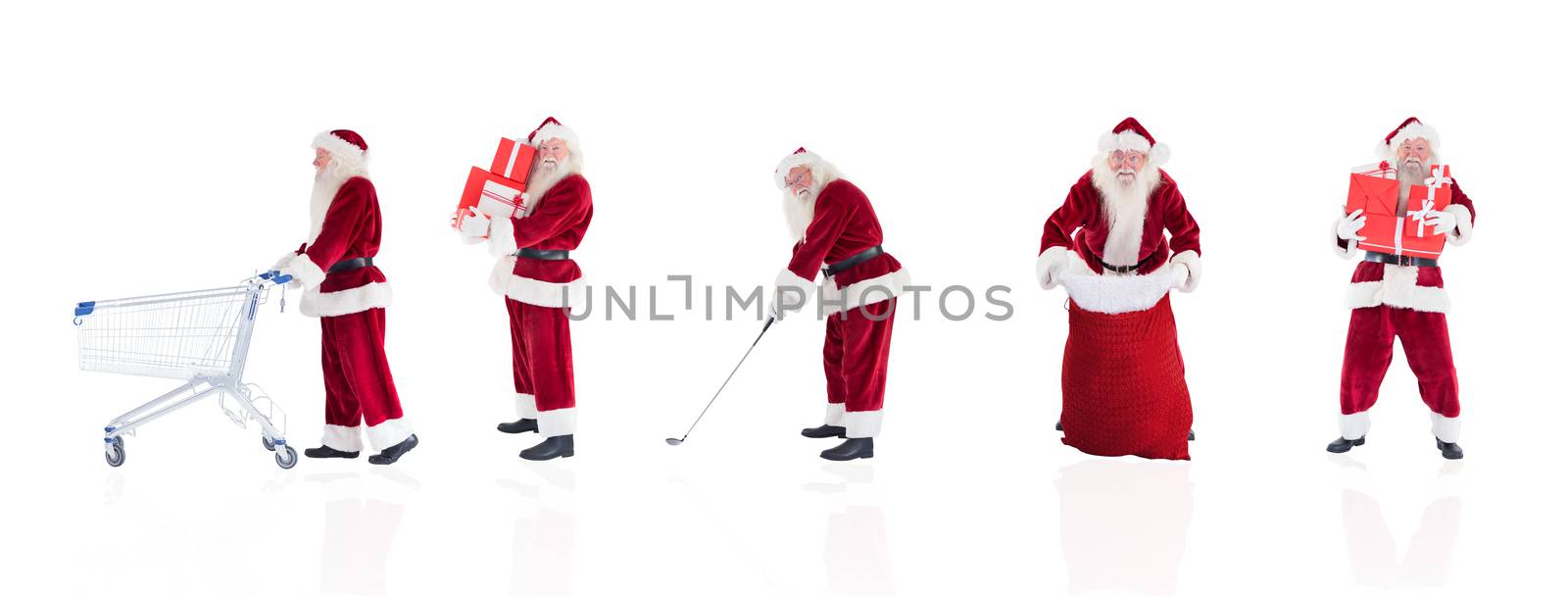 Composite image of different santas on white background