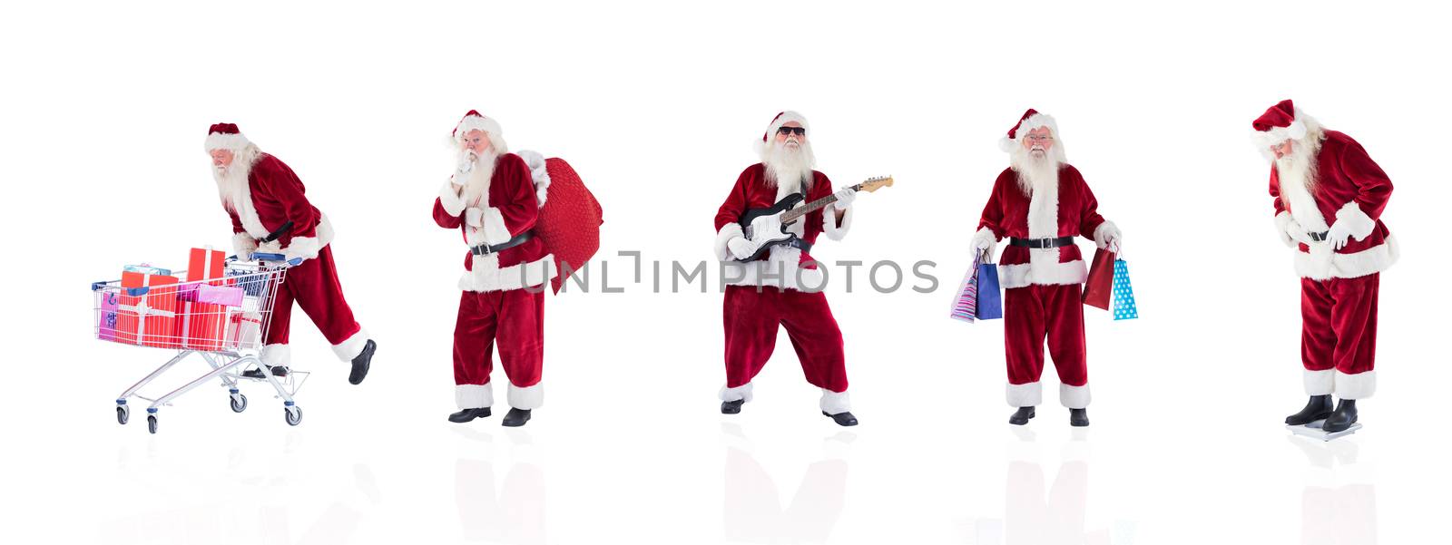 Composite image of different santas on white background