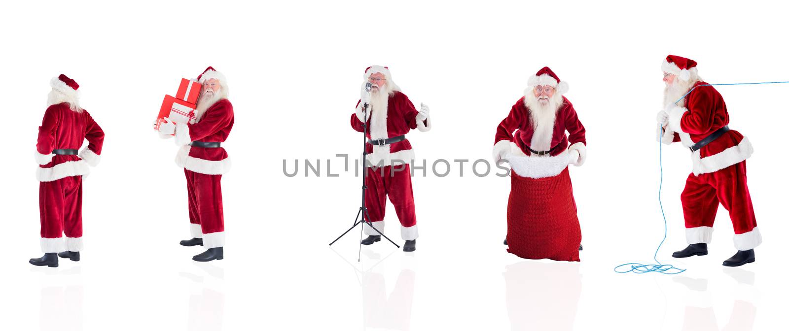 Composite image of different santas on white background