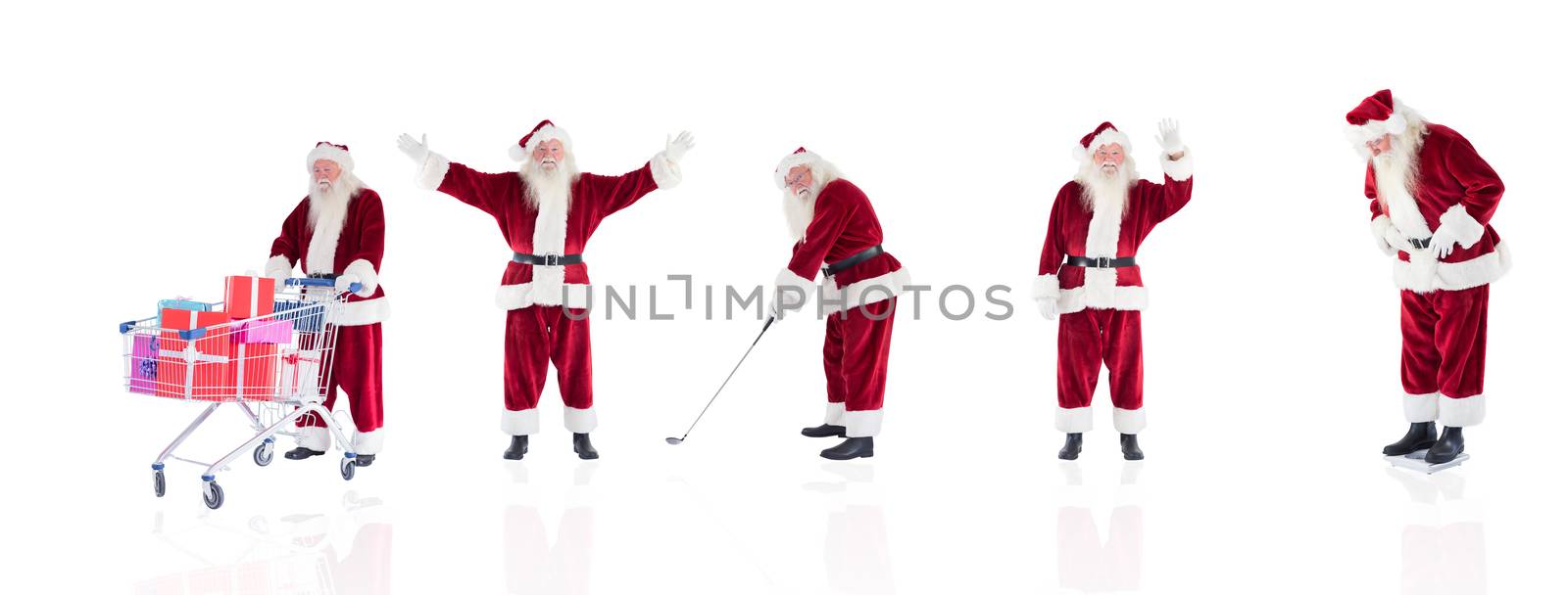 Composite image of different santas on white background