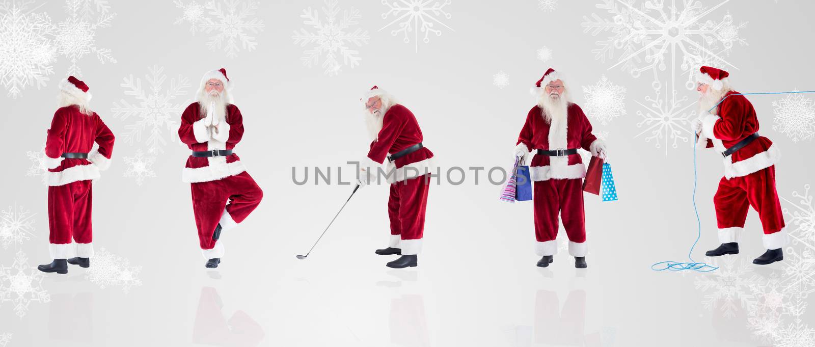 Composite image of different santas against white snowflake design on grey