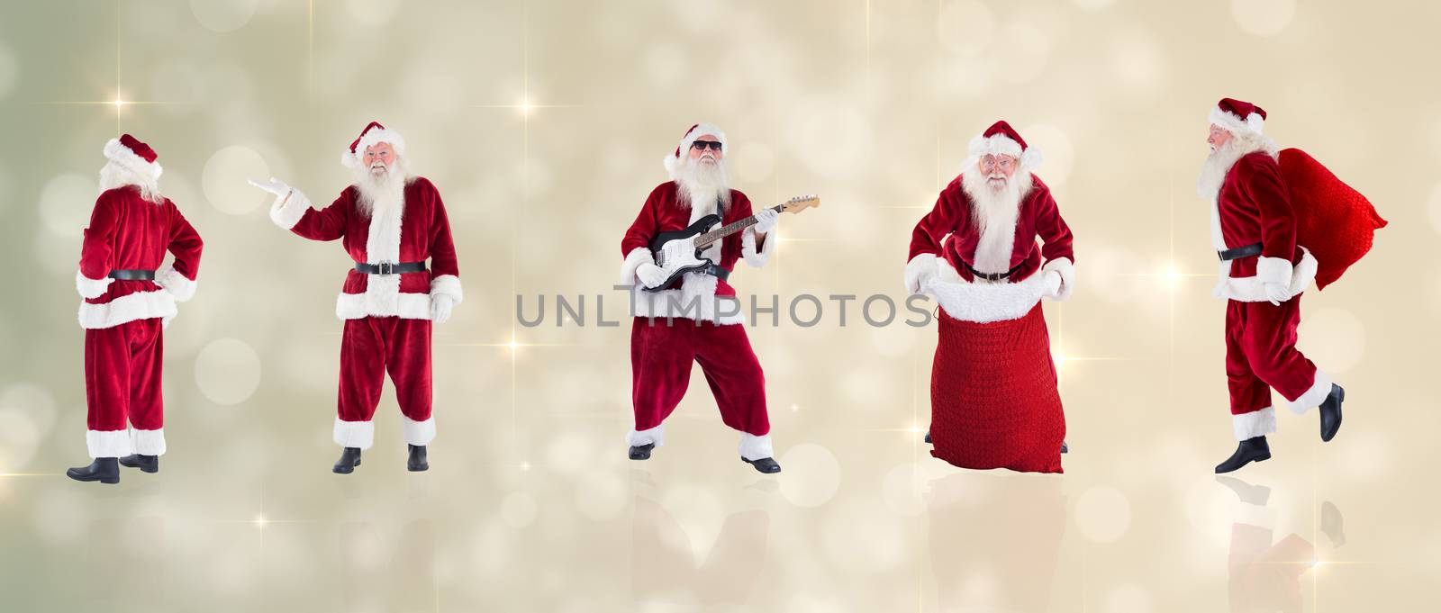 Composite image of different santas against light design shimmering on silver