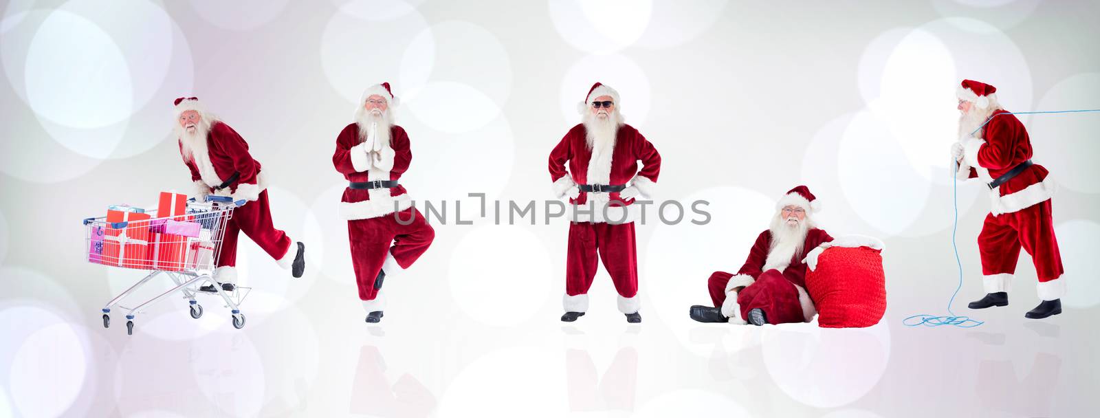 Composite image of different santas against purple abstract light spot design