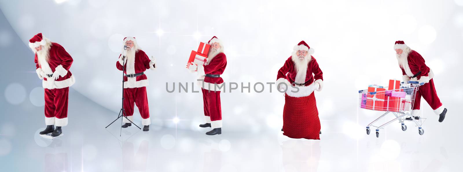 Composite image of different santas against lights twinkling in room