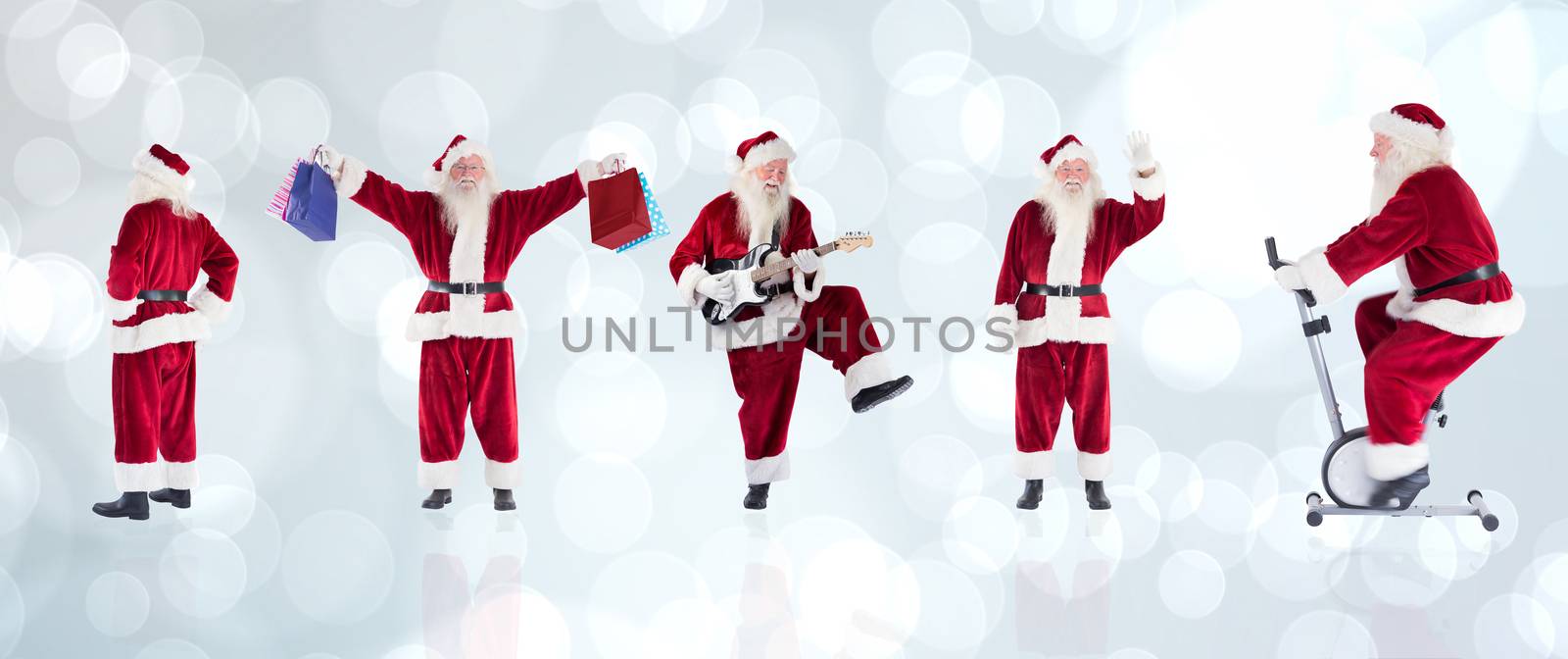 Composite image of different santas against light glowing dots design pattern