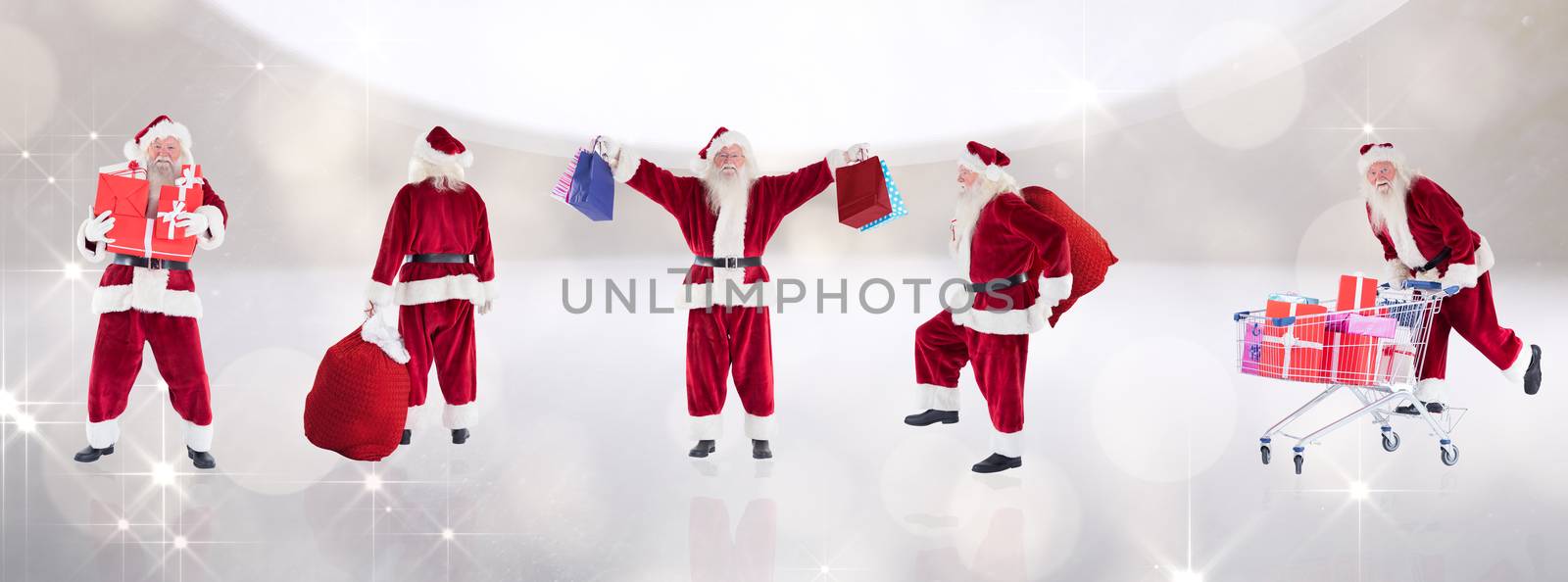 Composite image of different santas against snowflakes in room