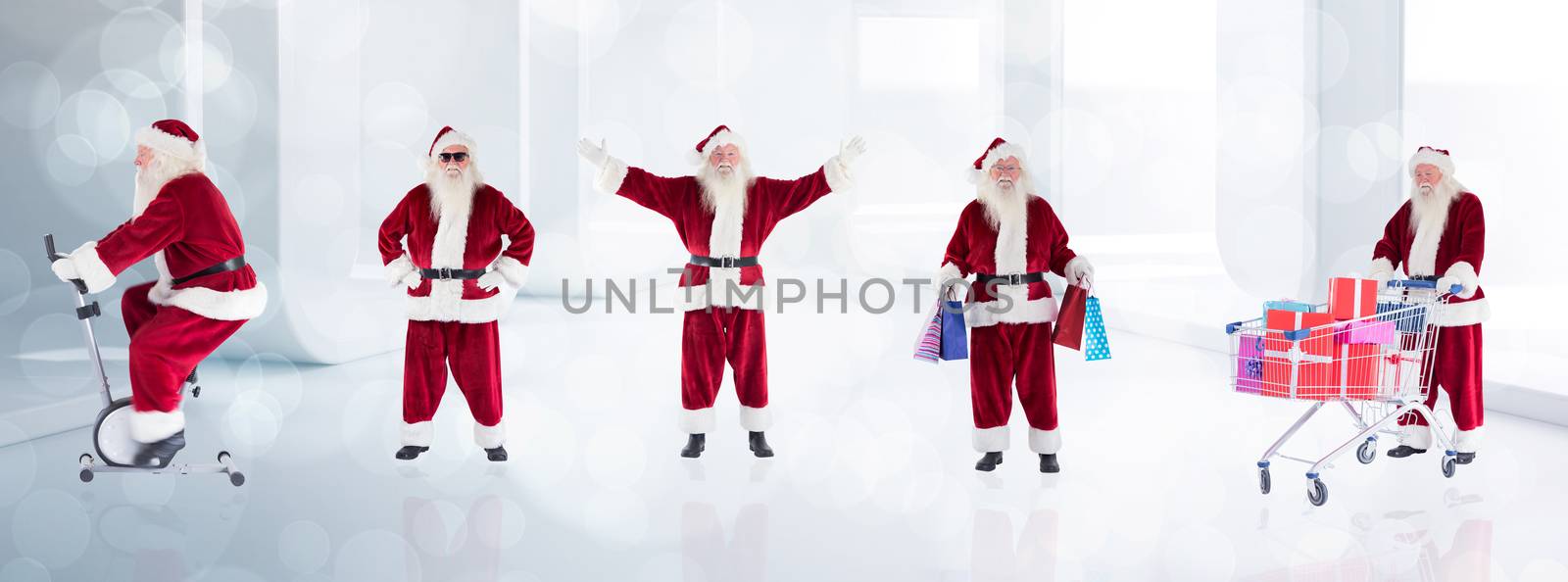 Composite image of different santas against lights twinkling in modern room