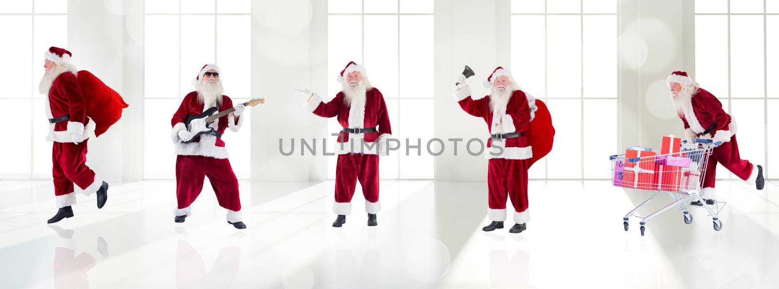 Composite image of different santas against twinkling lights over room with windows
