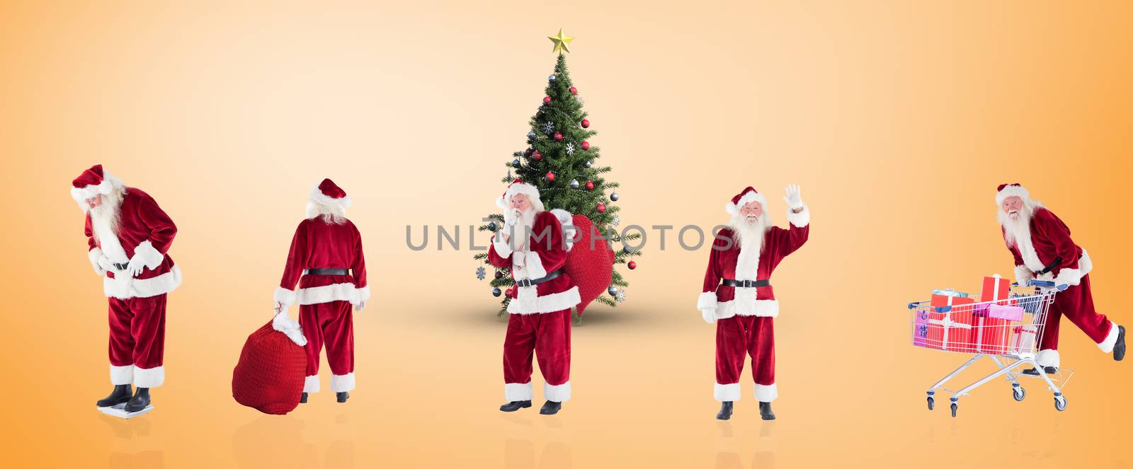 Composite image of different santas against orange vignette