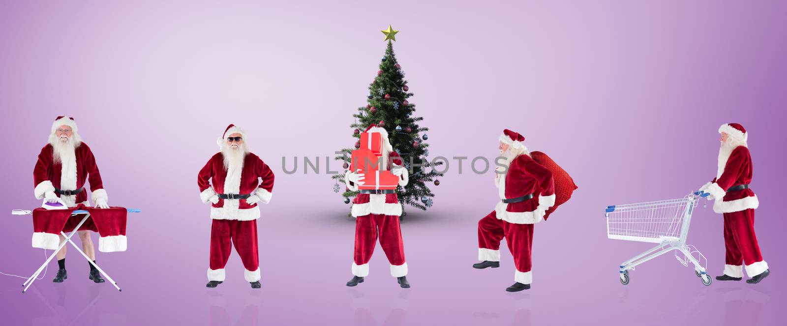 Composite image of different santas against purple vignette