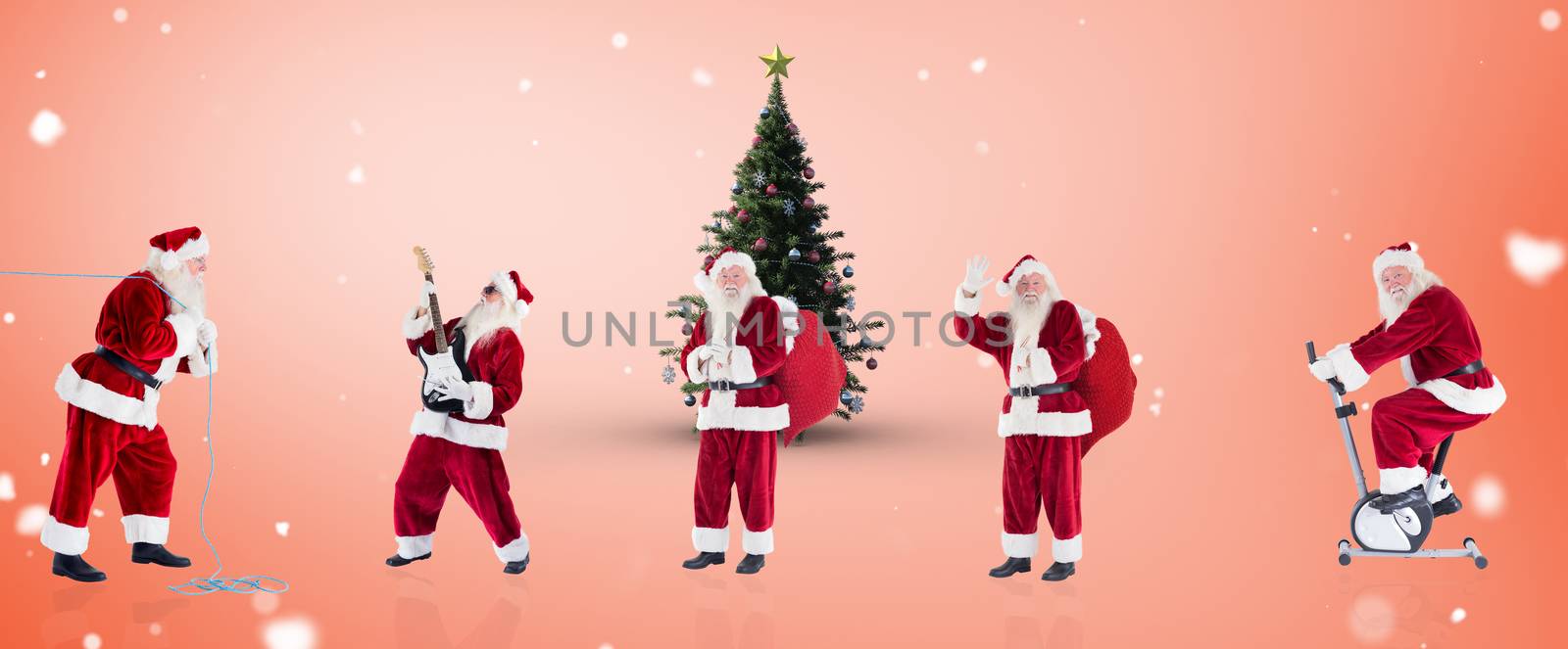 Composite image of different santas against orange vignette