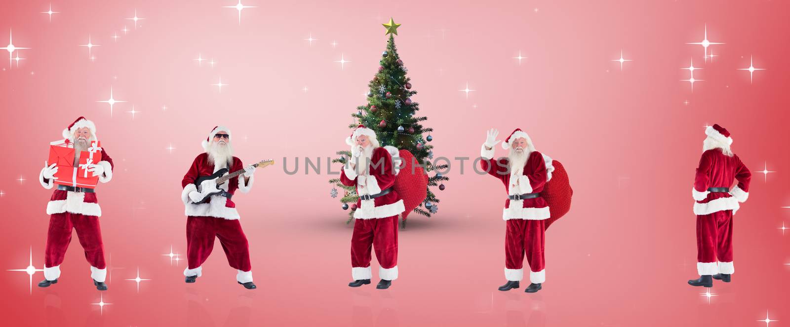 Composite image of different santas against red vignette