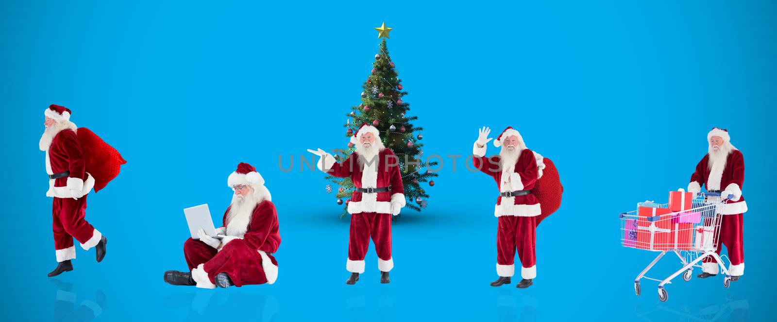 Composite image of different santas against blue background