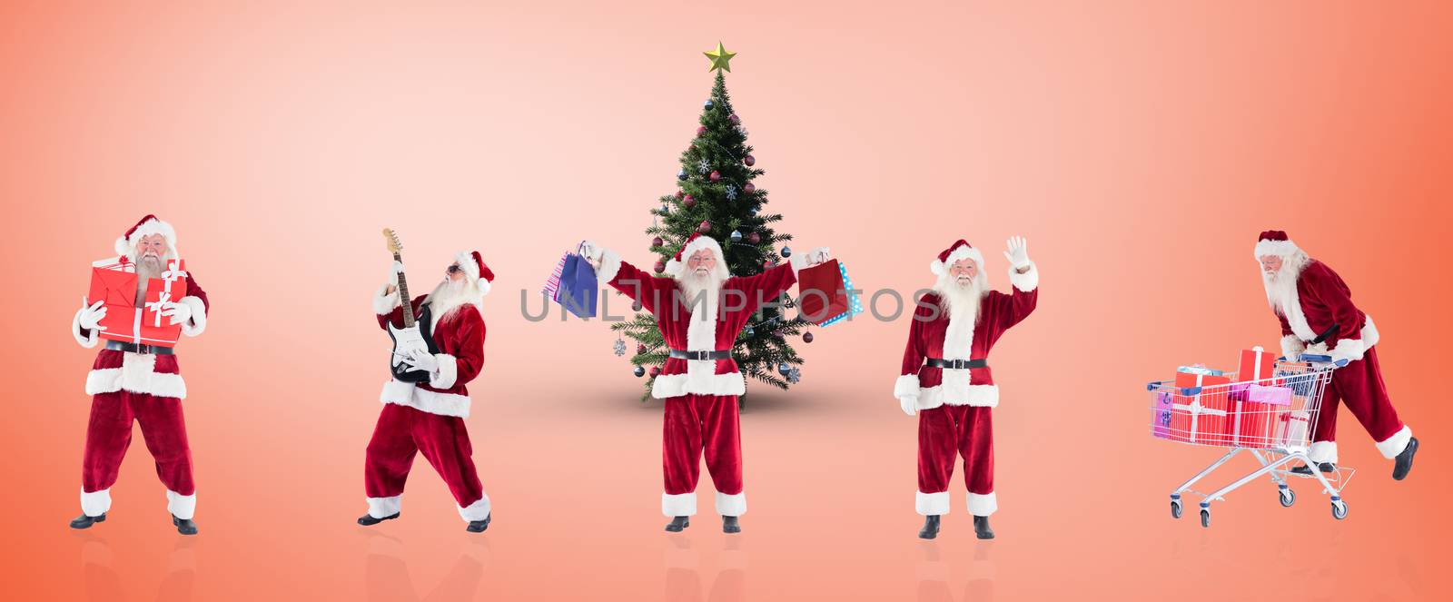 Composite image of different santas against orange vignette