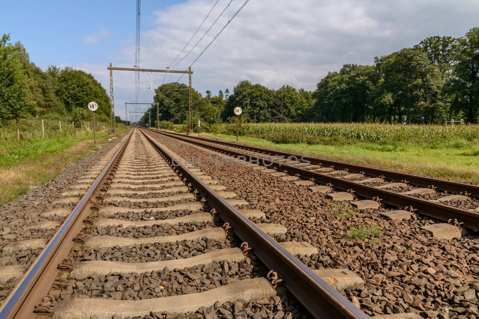 Rusty railway tracks on sunny day in Holland