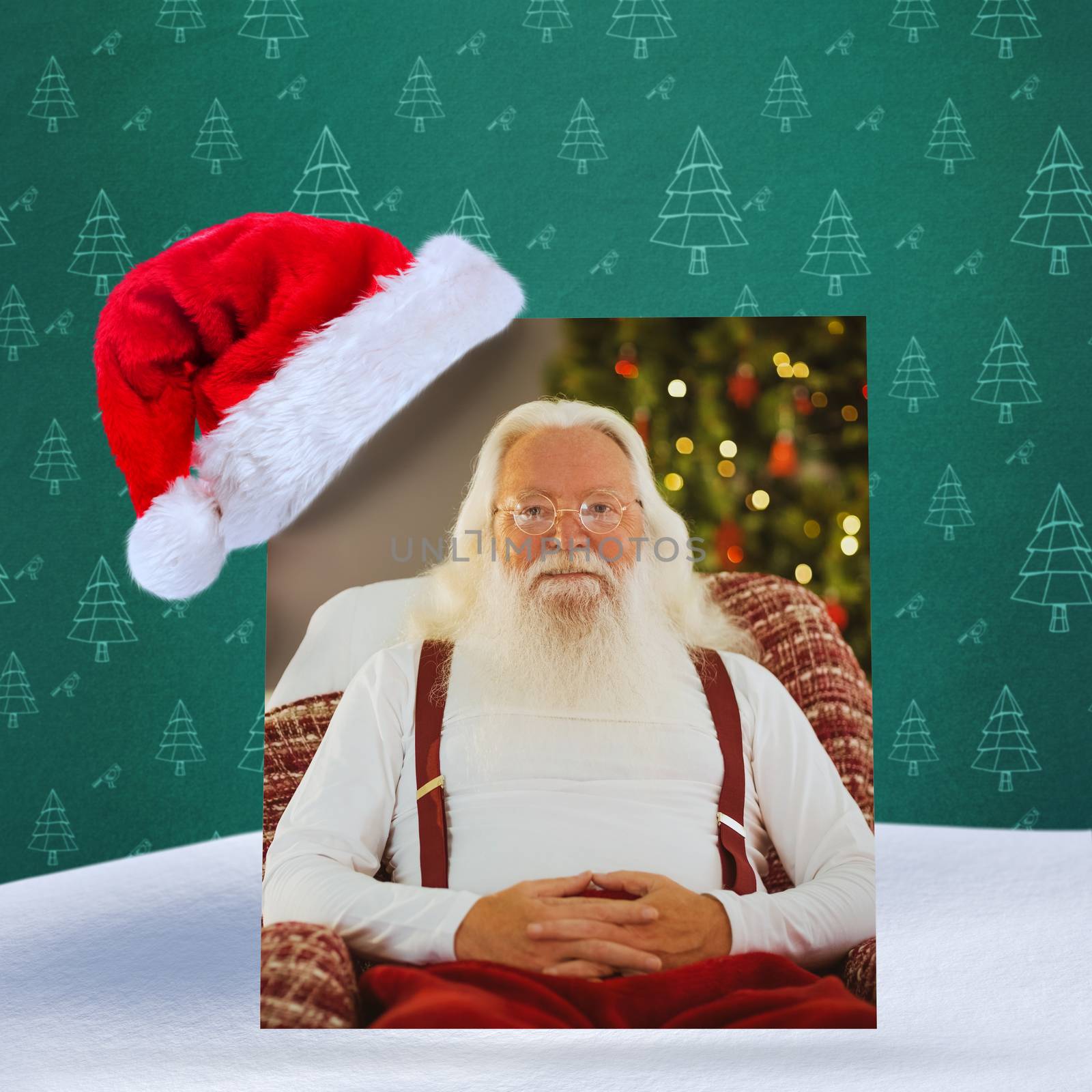 Happy santa without his jacket against green christmas tree pattern