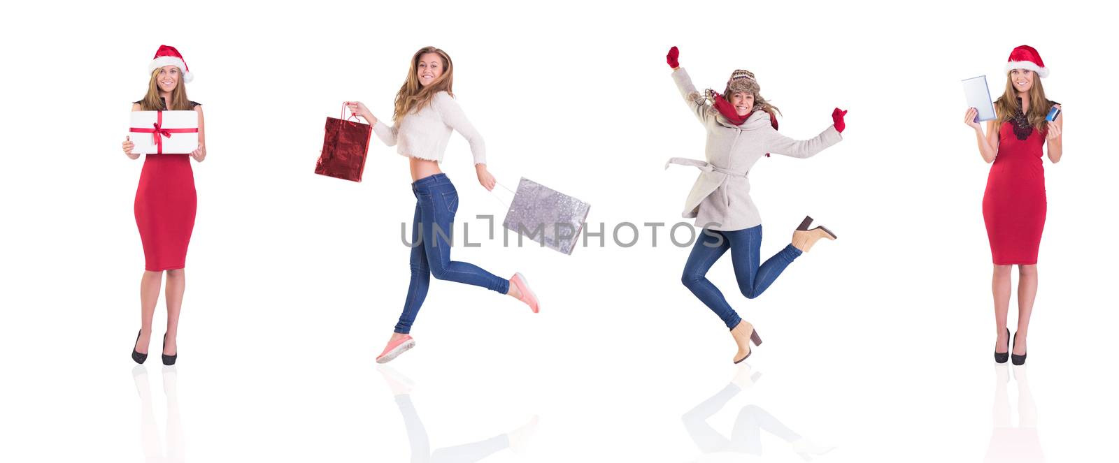 Composite image of different festive blondes on white background