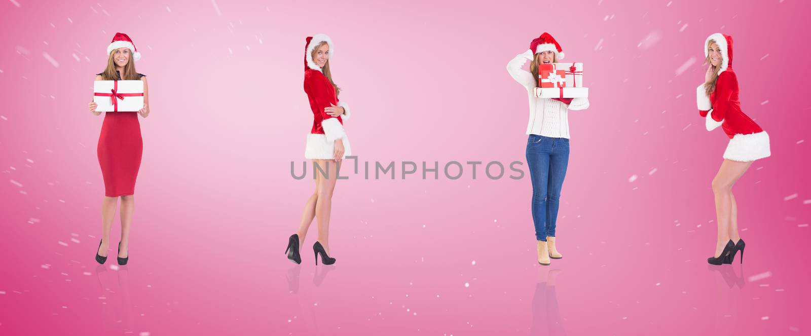 Composite image of different festive blondes against pink vignette