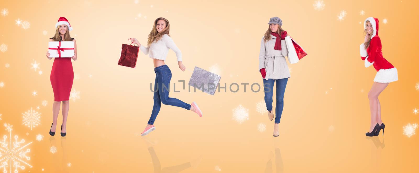 Composite image of different festive blondes against orange vignette