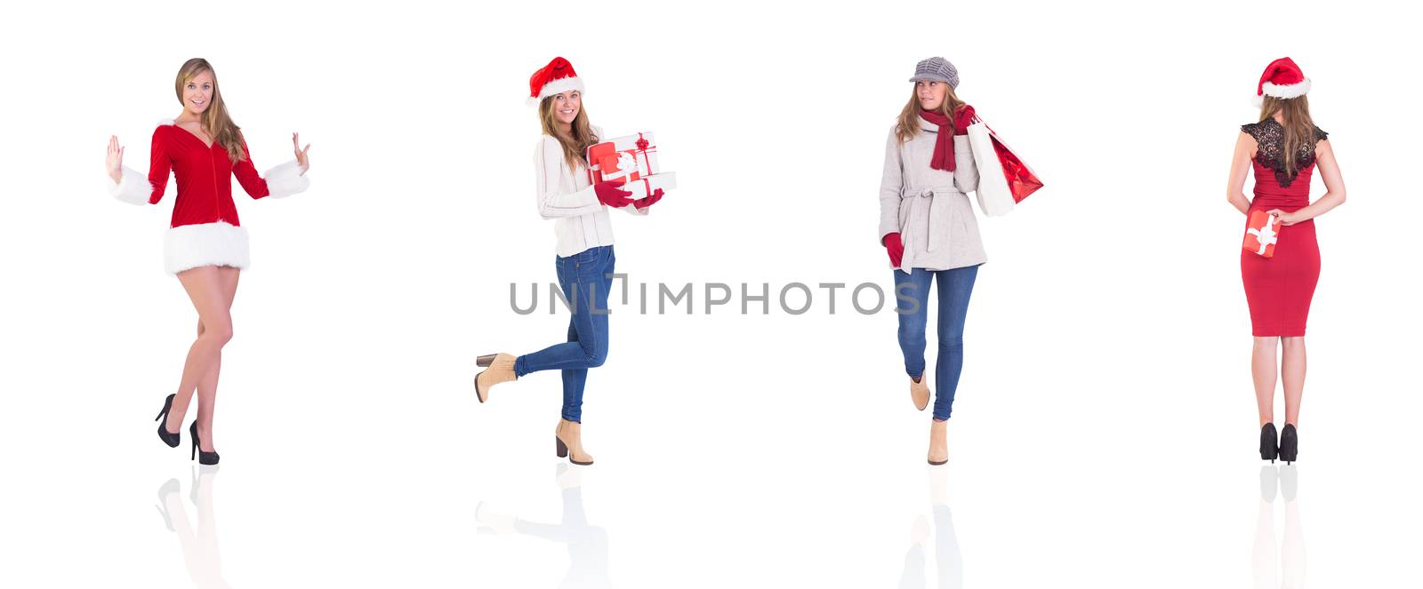 Composite image of different festive blondes on white background