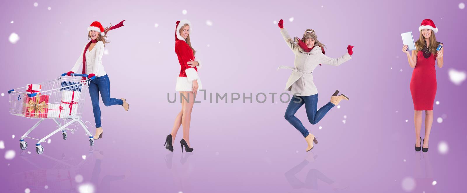 Composite image of different festive blondes against purple vignette