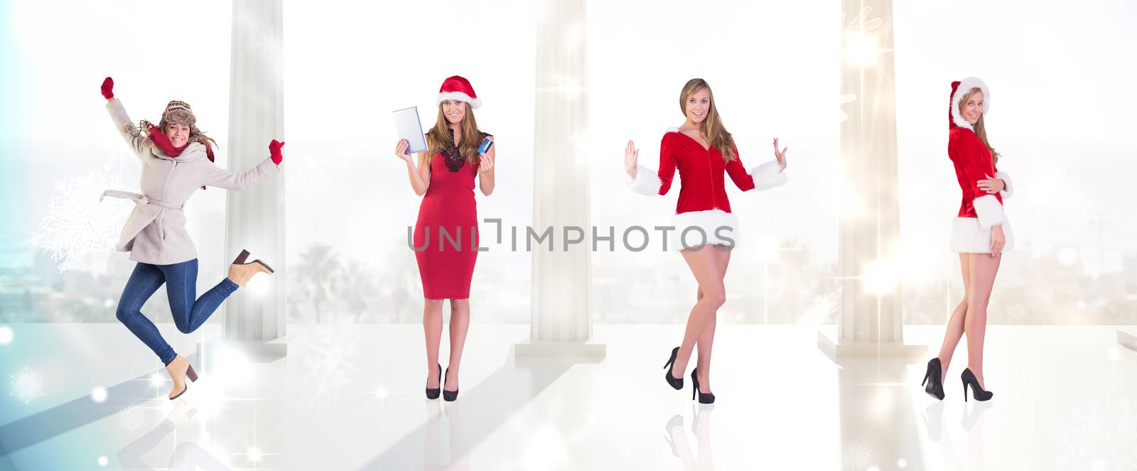 Composite image of different festive blondes against twinkling lights over balcony with columns