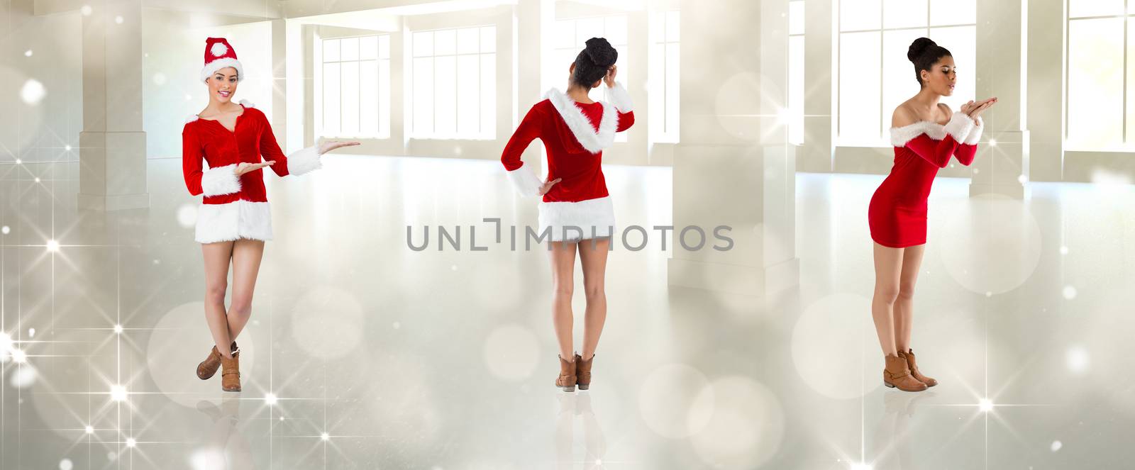 Composite image of different festive brunettes against lights twinkling in modern room