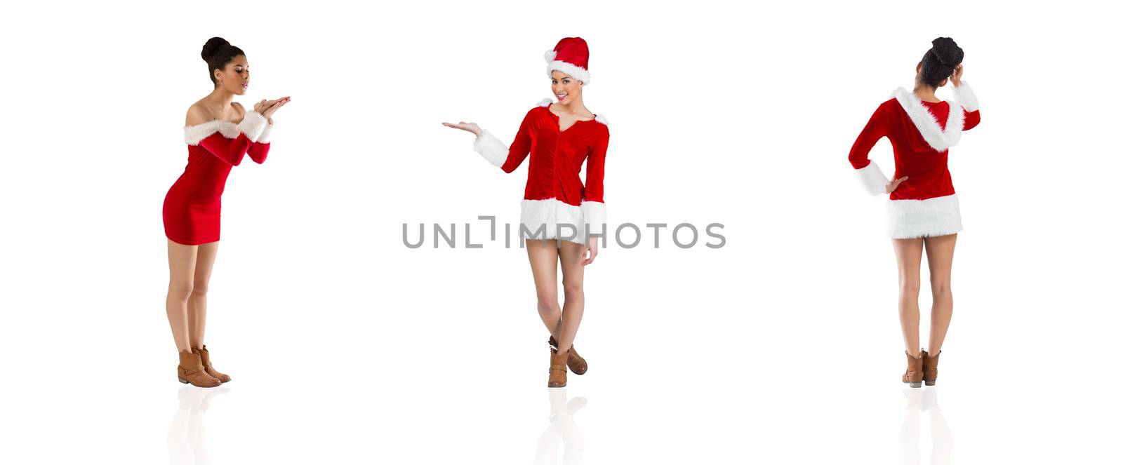 Composite image of different festive brunettes on white background