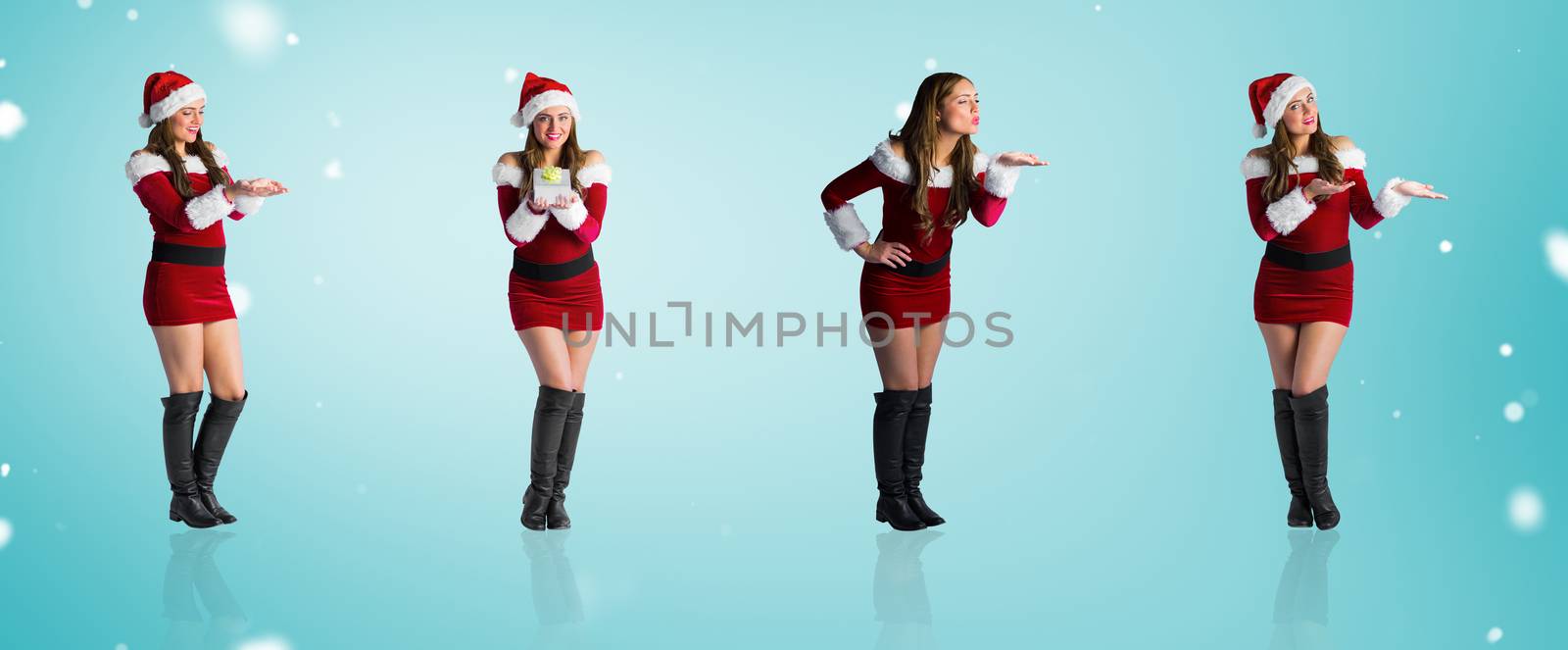 Composite image of different festive blondes against blue vignette