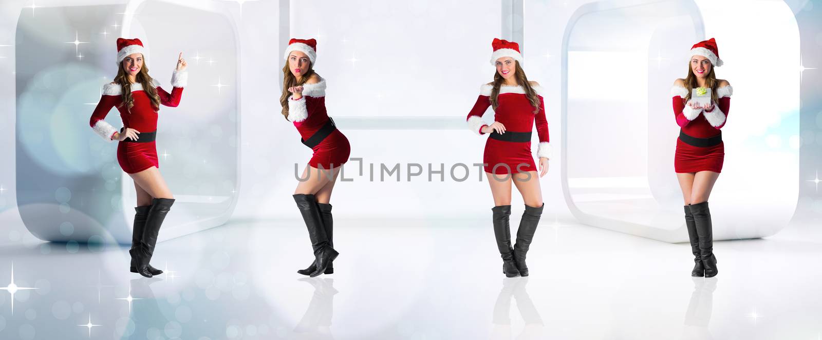 Composite image of different festive blondes against lights twinkling in modern room