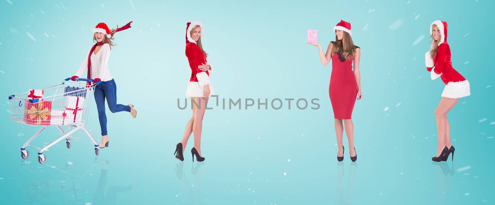 Composite image of different festive blondes against blue vignette