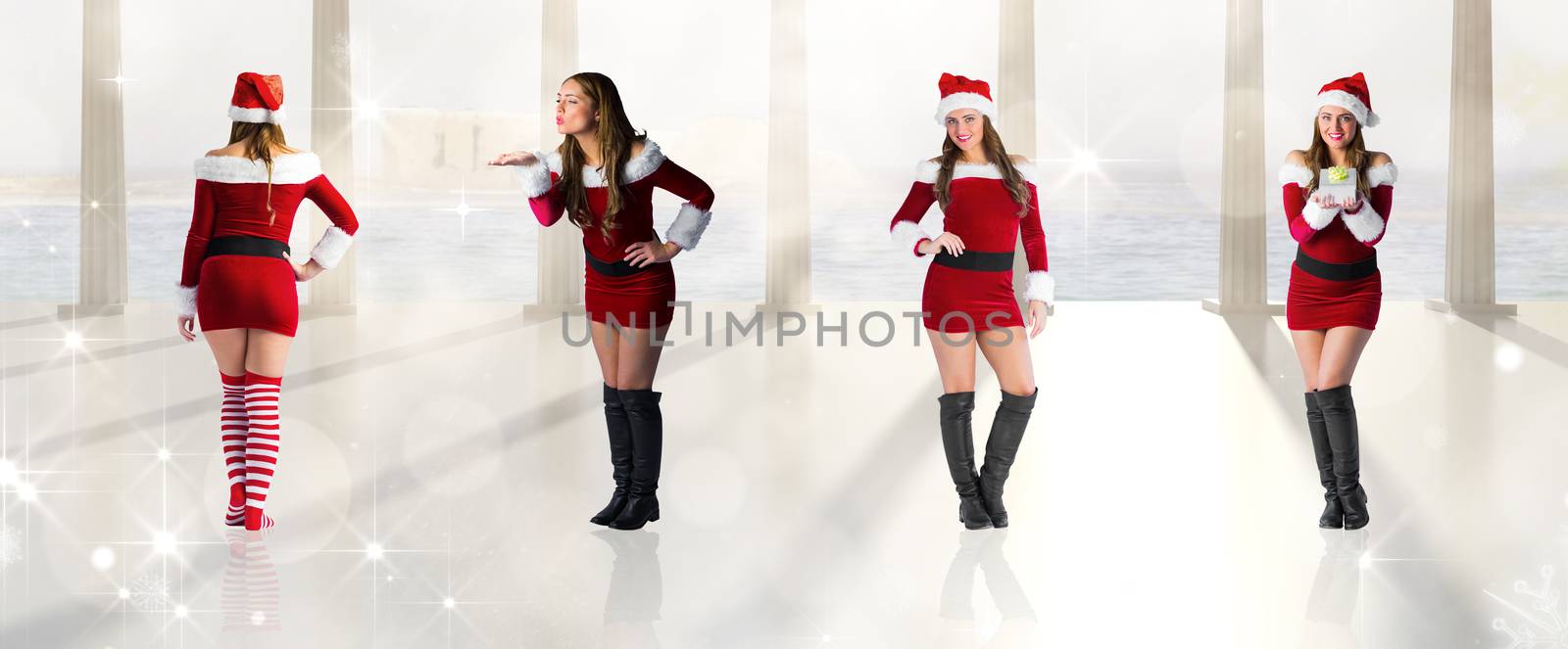 Composite image of different festive blondes against twinkling lights over balcony with columns