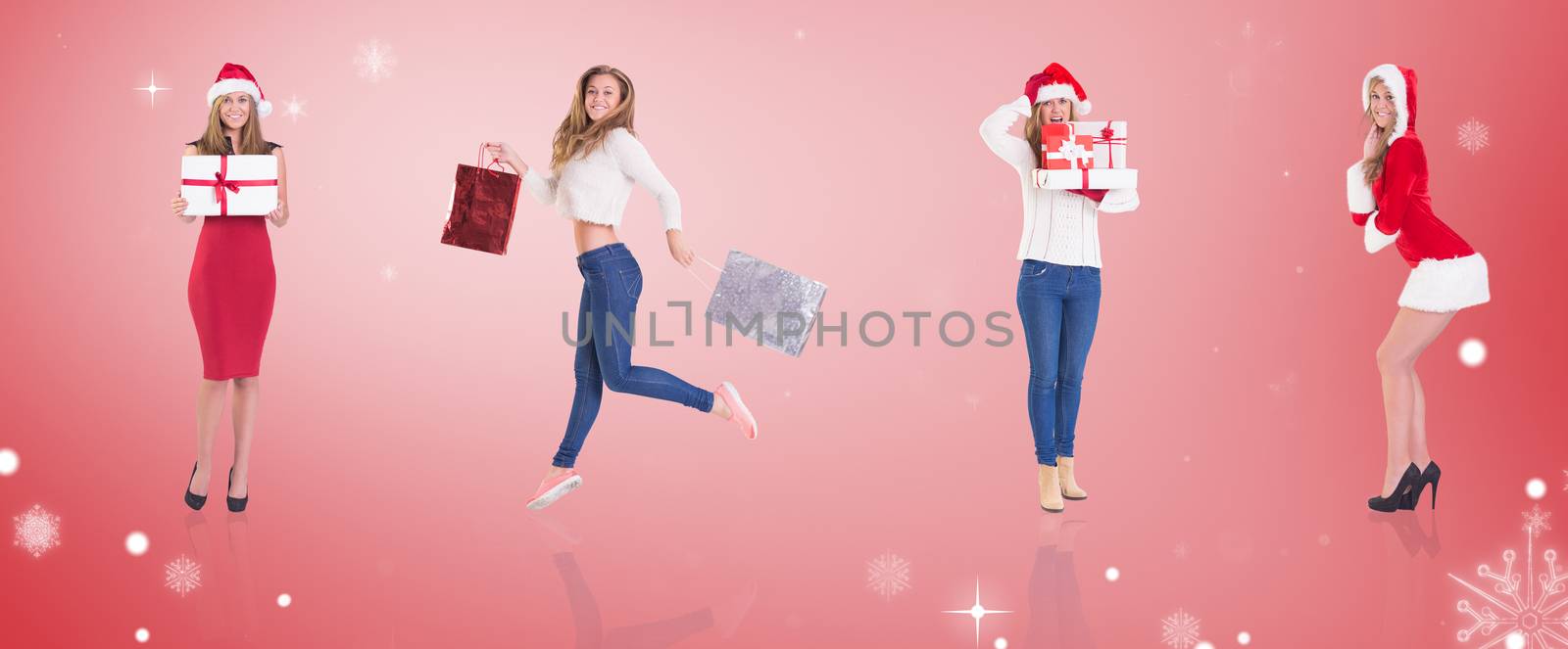 Composite image of different festive blondes against red vignette