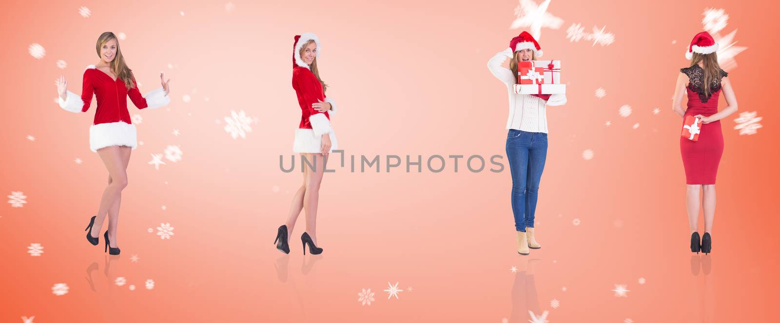 Composite image of different festive blondes against orange background