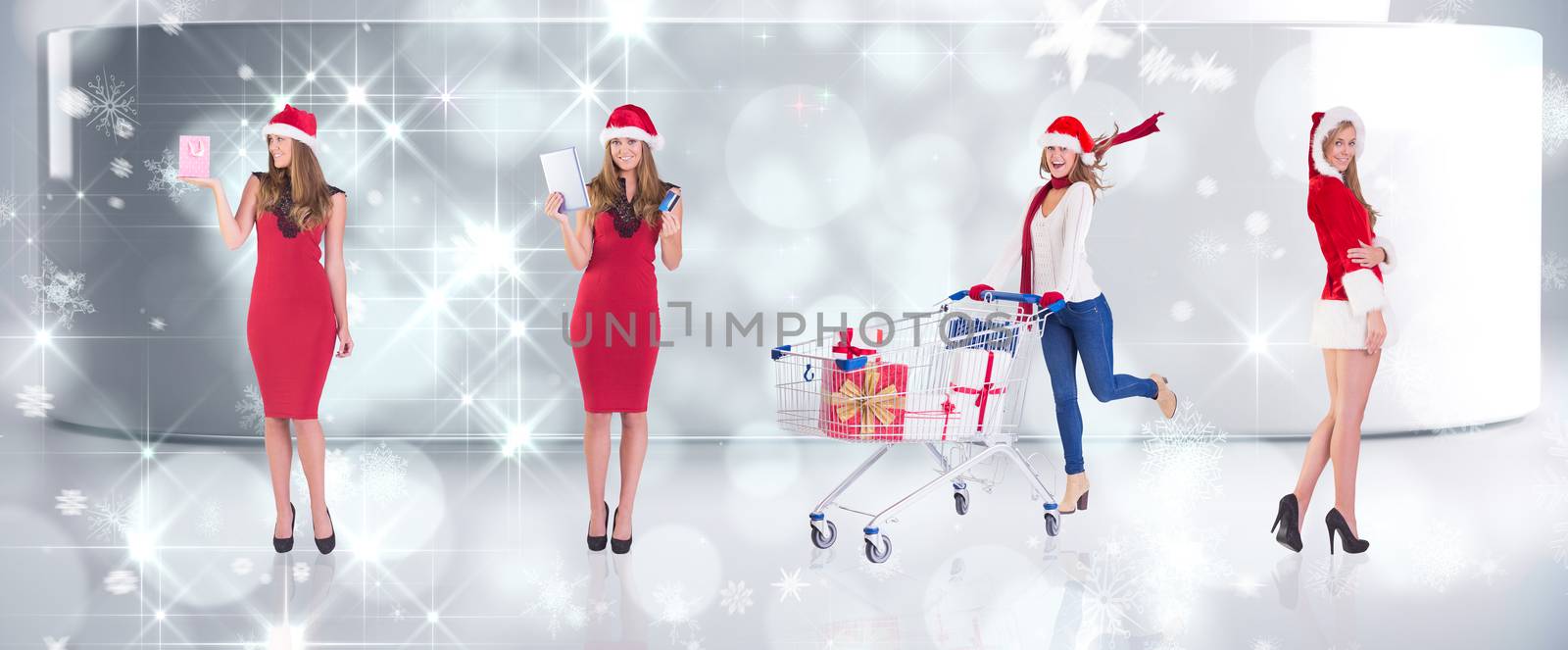 Composite image of different festive blondes against lights twinkling in modern room