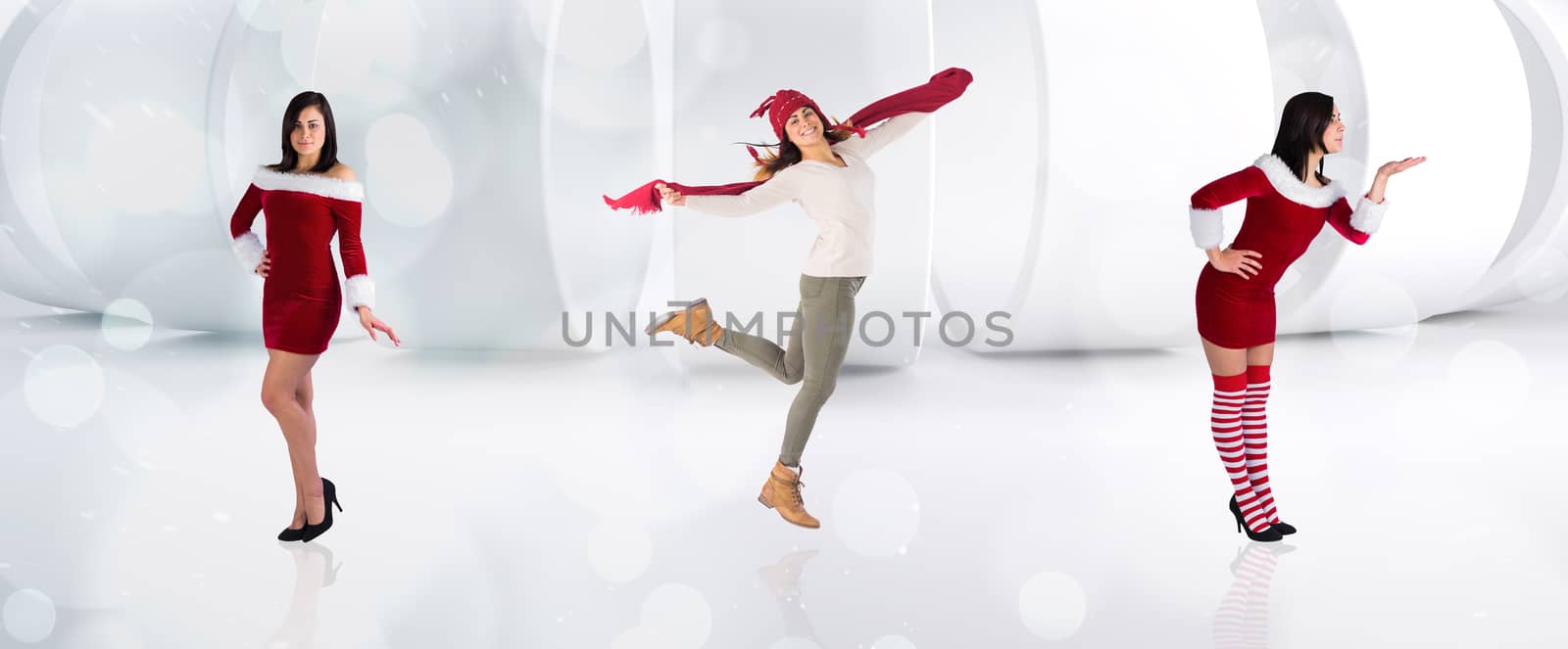 Composite image of different pretty girls in santa outfit against lights twinkling in modern room