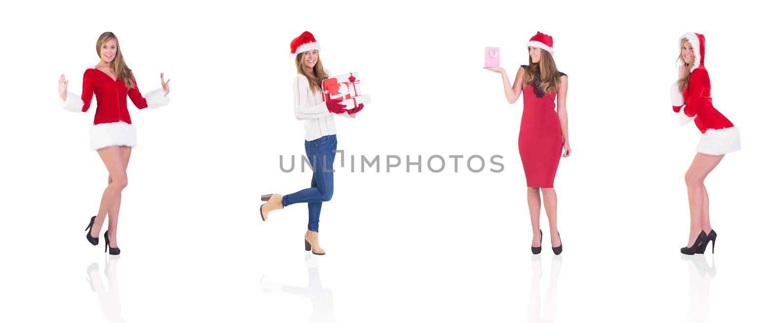 Composite image of different festive blondes on white background