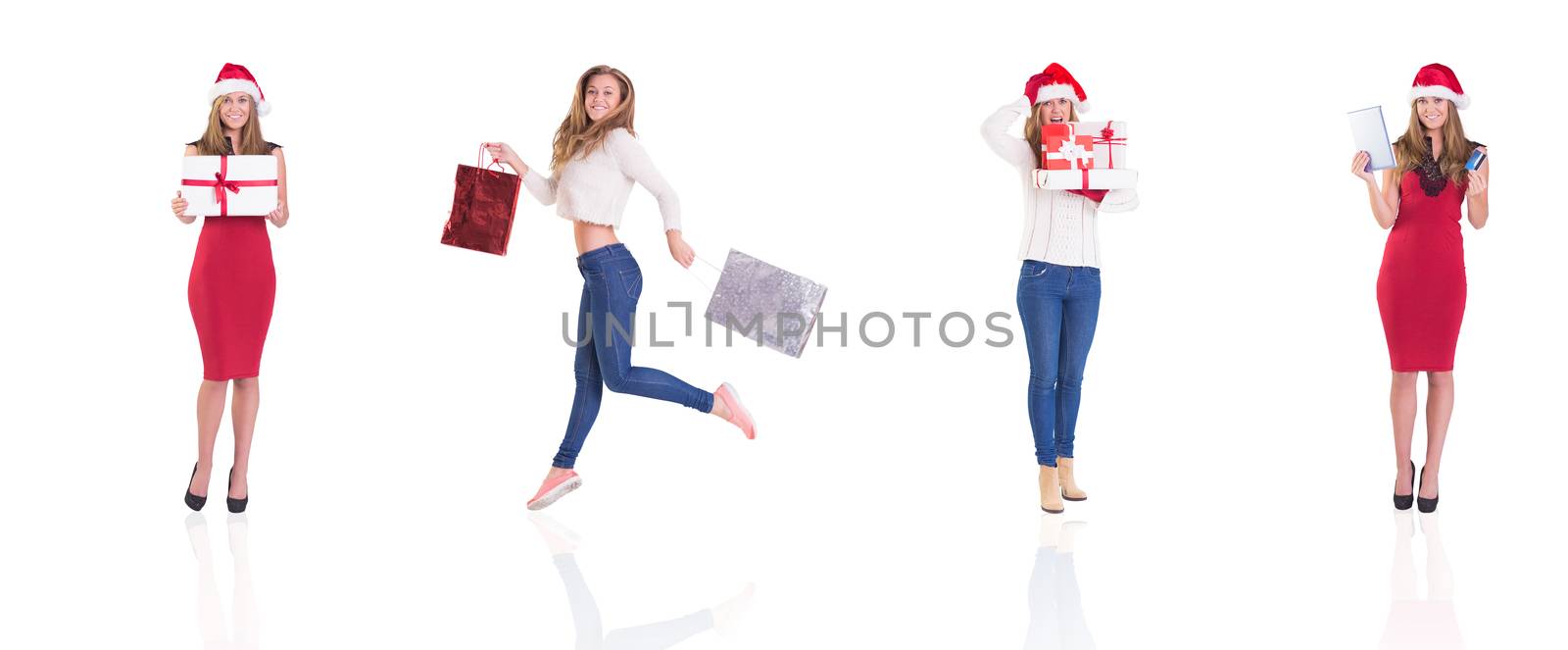 Composite image of different festive blondes on white background