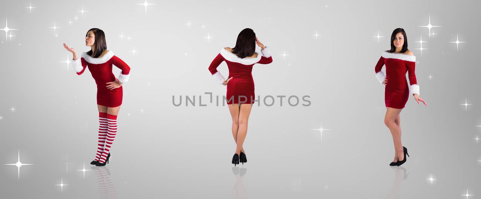 Composite image of different pretty girls in santa outfit against grey vignette