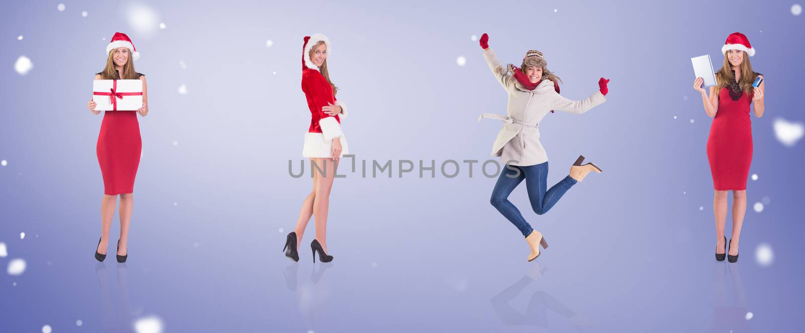 Composite image of different festive blondes against purple vignette