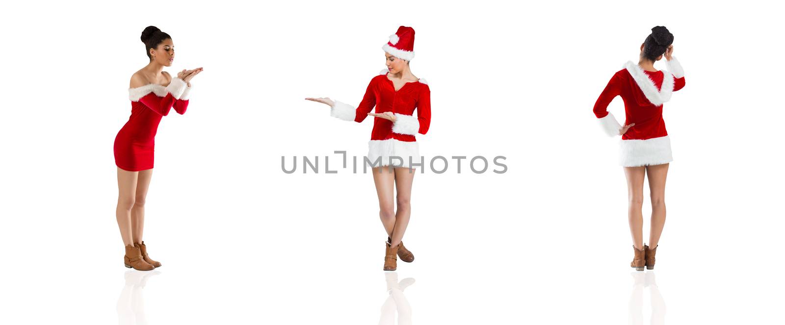 Composite image of different festive brunettes on white background