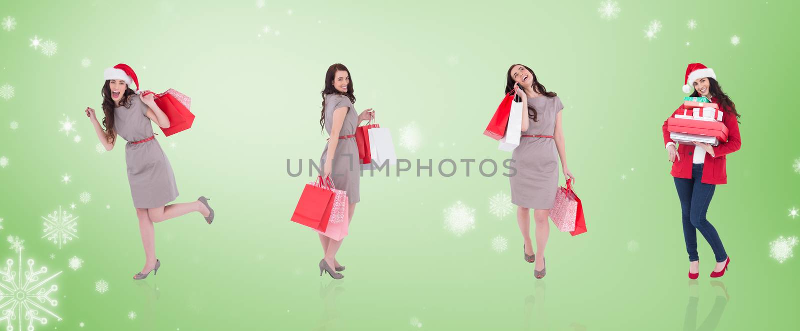 Composite image of different elegant brunettes against green vignette