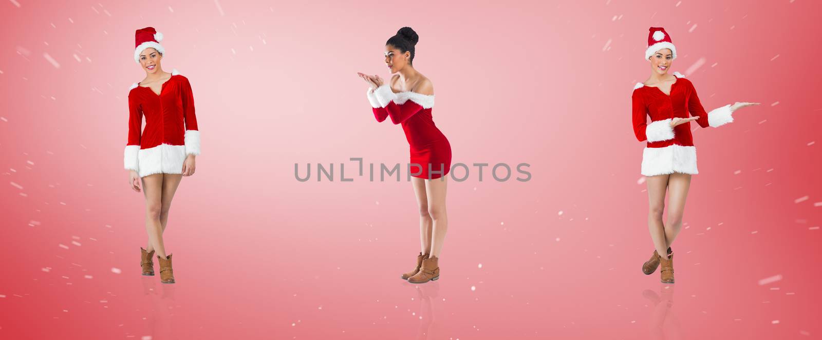 Composite image of different festive brunettes against red vignette