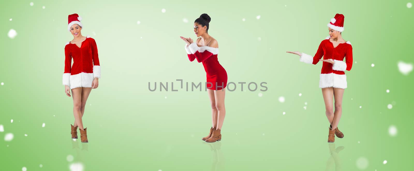 Composite image of different festive brunettes against green vignette